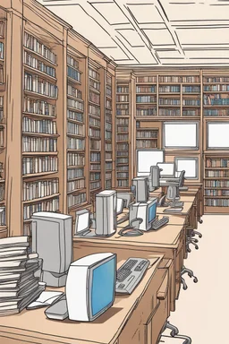 Library, state-of-the-art computers, book search. High-quality drawing, 8K