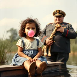 Nostalgic vintage color photograph of a preconscious girl with curly hair blowing a pink bubblegum bubble while sitting on a small dock of a summertime pond, standing behind her is a hugely fat man dressed in a US generals uniform with a cornhusk hat, general is holding a giraffe stuffed animal