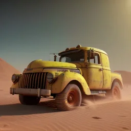 3d rendering. Steampunk futuristic yellow truck. Buried in desert sand. Lost in Time, dramatic lighting, hyper realistic, cinematic lighting