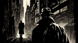 Blade runner city at night; silhouette of detective in trenchcoat