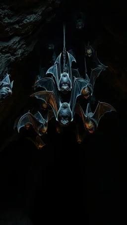 Bosch nightmares paining style bats hanging upside down inside a cave , 8k artistic photography, photorealistic concept art, soft natural volumetric cinematic perfect light, chiaroscuro, award-winning photograph, masterpiece, oil on canvas, Raphael, Caravaggio’s, Greg Rutkowski, people, beksinski, Giger