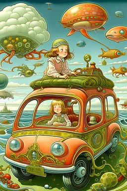 Walter Crane, Barbara Cooney, François-Louis Schmied, animesque wondrous strange Whimsical surreal fanciful Sci-Fi Fantasy country above the clouds Ukishima Beetle Taxi Fish in the sea of clouds、octopuses、jellyfish Little girl in a taxi Hyperdetailed high definition high resolution high quality masterpiece, detailed face