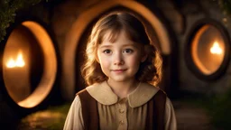 little young hobbit girl, beautiful, confident, calm, wise, happy, innocent, facing camera, head and shoulders, hobbit clothing, perfect eyes, LOTR village, hobbit homes with circular windows and round doors, night scene, stars, fireflies, 16k artistic photography, exquisite composition, photorealistic concept art, soft natural volumetric light, chiaroscuro, award-winning photograph, masterpiece, style William-Adolphe Bouguereau