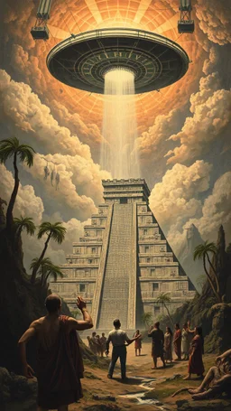 Bosch painting style of nightmare showing a people prying for an alien spaceship hovering over a Mayan permanent temple