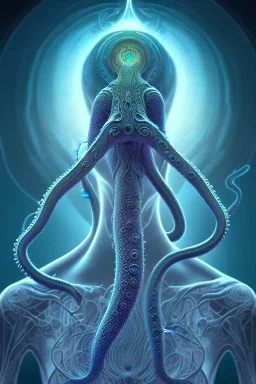 Spiritual being with Tentacles over human Head creating reality around, wrapping Tentacles around Human, Psychedelic