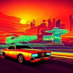 art deco, cyberpunk, neon muscle car, desert road, sunset, full colour, hd,