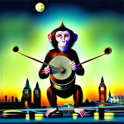 A monkey playing the drums, london skyline at night, in the style of Salvador Dali