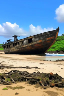 A shipwreck on a beach that has a kuo-toa camp on it