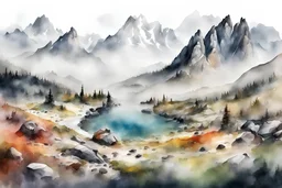 watercolor ,landscape, many colors, detailed, colorize, white background a hills, High Tatras, Slovakia, mountains and the velke hincove pleso in the mist, under the pleso is the stream with few smaller waterfasls or rock tresholds. Just ther rocks scenery without trees, trees are seen in the deep in the valley. Aerial scene. Infuse the scene with sunlight, conveying a cozy and tranquil atmosphere. a white background 9:11