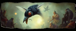 3d airbrush render, magpie elf alien dodo , pinhole cam, airbrush 3d rendering, in the style of Titian and Dali , torn edges on border