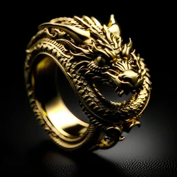 The image features a golden ring with a dragon design on it. The ring is circular in shape and has a gold dragon head on top, giving it an ornate and intricate appearance. The dragon's head is positioned towards the top left side of the ring, while the rest of the ring is smooth and shiny. The ring is placed on a black background, which highlights the golden color and intricate details of the dragon design.