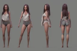 Female stylized character sheet for 3d modeling full normal anatomy correct proportion Full front view side view and back anatomy .art station 8k fair skin