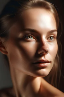 A captivating portrait of a woman with radiant skin, captured in soft, ethereal lighting. Her skin appears flawless, with no imperfections visible. Her features are delicately accentuated, highlighting her natural beauty and the transformative power of skincare.