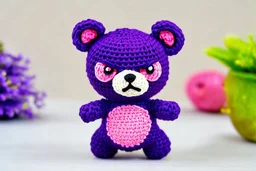 horror creepy, and angry purple small bear in amigurumi, pink eyes