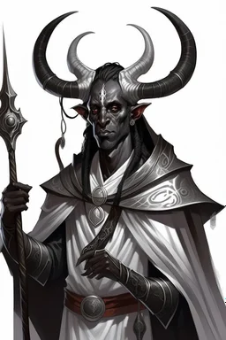 En Young male black skin black hair tiefling Wizard with large horns glowing Silver and White symbols Everywhere on his body. He's wearing silver and White Rope and a silver cloak. His horn a perfectly place on acet from the front to the back pointing upwards with glowing Red cat Eyes holding a quarterstaff. His close is elegant get simple his horns Are Same size. En his other hand his casting A Spell