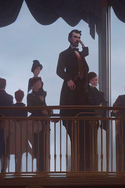 llustrate the presidential box on the balcony level, portraying Abraham Lincoln, his wife, and their guests as they enjoy the play. Highlight the vulnerability of Lincoln without proper security, setting the stage for the impending tragedy