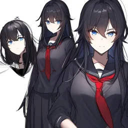 Clear focus, High resolution, long black fluffy hair, blue eyes, wearing a black sailor uniform, red tie, yandere, rough line sketch, dark aura, holding a katana