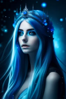 femme naturele en face,cheveux long bleu,couronne métallique spatiale,yeux bleus,peau claire ,combinaison spatiale,lumière, back ground spatial, lumière,haute definition