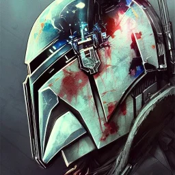 photorealistic the mandalorian helmet, illustration by <agnes cecile> <Yoji Shinkawa>, ornate and intricate details , soft smooth lighting, concept art, black satin background, vivd multicolor mix