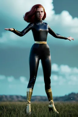 retro portrait image from 1960, sky background, wind, long red hair, fighting stance, sweet young Scarlett Johansson, black dress, classic long tight lycra black suit, gold bracelet and belt, high heel boots, superhero style, soft color, highly detailed, unreal engine 5, ray tracing, RTX, lumen lighting, ultra detail, volumetric lighting, 3d, finely drawn, high definition, high resolution.