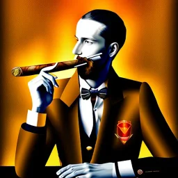 an abstract painting of a man with a cigar, sitting in a bar, highly detailed