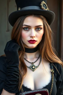 adult, woman, necklace, steampunk hat, delicate features, unique style, pale skin tone, dark eyes, dark lipstick, regal rebell-steampunk dress, dark dress, black elbow gloves, long hair, holding an metal, chain-velvet bag, ethno steampunk style, whimsical vibe, high detalied, realistic, cinematic, random ethno-steampunk background