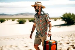 man on holiday, suitcases, explorer hat, Hawaiian shirt and shorts and sandals, in the desert, warm style