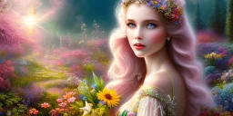 bright fairy, beautiful portrait, flowery landscape