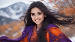 Hyper Realistic Close-up-face-view of a Beautiful Young Happy Pashto Girl with beautiful-eyes & long-black-hair smiling & wearing purple-&-orange-embroidery-dress-with-black-shawl whirling with breeze, tall-grass along with a thick-tree on mountain top & snowfall-day showing dramatic & cinematic ambiance