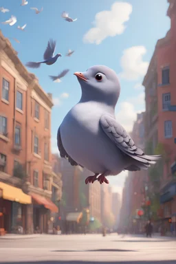 One pigeon is flying, in a US city, Pixar animation, High quality,