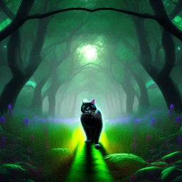 black cat, walking, psychedelic forest, crystals