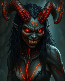 A female eldritch horror being, obsidian skin with streaks of magma shining through, coal-black hair, rows of sharp teeth, long flaming horns, greg rutkowski, intricate details, detailed cave setting, hyperrealistic