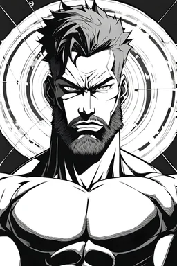 In a monocromatic black background put an anime-style full body picture of a man of average size and muscles with small black circled beard and medium size hair, black eyes, big nose, wearing a full black t-shirt