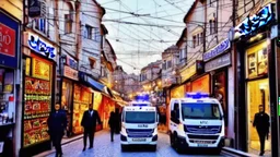 A police Tesla Cybertruck is chasing a Tesla 'Model S Plaid' at top speed, across the 'Grand Bazaar', in Istanbul, Turkey. CINEMATIC. WIDE ANGLE LENS. PHOTO REAL.