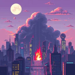 8 bit pixelart city, atomic cloud, synthwave, destroyed city