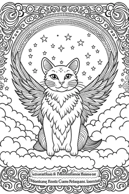 create a coloring page that Illustrate a cat with angelic wings, surrounded by celestial clouds and stars. full image