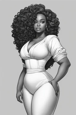 Create a coloring page of a beautiful curvy black female looking to the side with curly hair. No shading, No color, clean lines