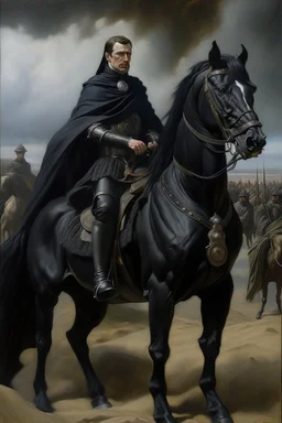 Oil painting of a very handsome king dressed in black in full on a black horse standing in the middle of a battlefield Photorealistic