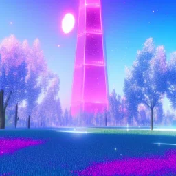 Blue futuristic cristal tower in a flowery countryside, glitter pink in a galactic ambiance, delicate colors in the foreground, full of details, smooth, light effect，vaporwave colorful, smooth, extremely sharp detail, finely tuned detail, ultra high definition, 8 k, unreal engine 5, ultra sharp focus