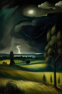 noche de tormenta, con refusilos y rayos cayendo en el medio de un campo, mediados del siglo XXVII, en una noche de verano, al estilo pablo picasso
