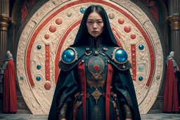 4K Xue Wang style, young futuristic Parcival, Avant-garde futuristic Medieval cyber fashion, talks to Cardinal's Council, Austrian Symbolism, arcane atmosphere, tufting tapestry Art, by Mario Bava movie