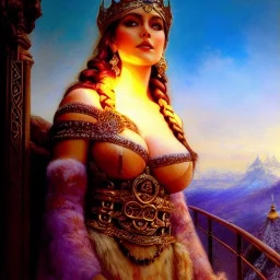 Drawing of beautiful face extra busty viking queen,balcony, view, fire brazier,braids,,snow,castle,mountains,ancient leather armor, balanciaga fashion clothe painting by gaston bussiere, greg rutkowski, yoji shinkawa, yoshitaka amano, tsutomu nihei, donato giancola, tim hildebrandt, oil on canvas, cinematic composition, extreme detail,fit full head inside picture,16k