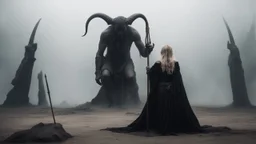 Dark, ominous photo of a bruised, crying, scared, young blonde woman kneeling barefoot with her hands behind her head, in front of a towering large horned figure with a cranial facial structure, draped in a black cloak. it is holding a spear and a whip. foggy, desolate environment. a ritual ground with tall obelisks and protruding spears, partially obscured by dense mist.