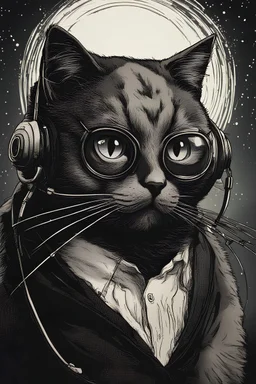 cat with three eyes dancing to music in the night