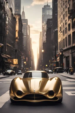 creates a concept supercar in '40s style with a retro-futuristic bodywork in gold and black on a street of New York, with a bright sky