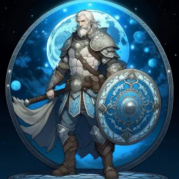 Please create an image for a 30-year old aasimar male with silver hair and a short, square beard and blue eyes. He is standing outside in the moonlight wearing plate armor and wielding a shield and a hammer. His equipment is adorned in multiple places with a crescent moon