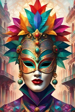 Generate an illustration of a festive carnival venetian antique mask over a low poly vibrant female, ultra detailed 32k , the joyful atmosphere over a misty Venice landmark, steampunk , botero style