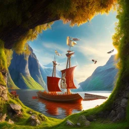 Nærøyfjorden Verdsarvpark, tree on a viking ship, in the style of pixar