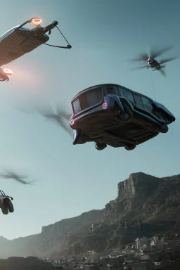 A flying car being drived by a robot in future city.