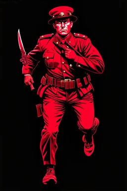 poster of a soldier(uniform and face based on racist steriotypes of canadian soldiers) running towards viewer, a knife i one hand, and a gun(barrel pointing at viewer) in the other. retro poster monochrome with white background